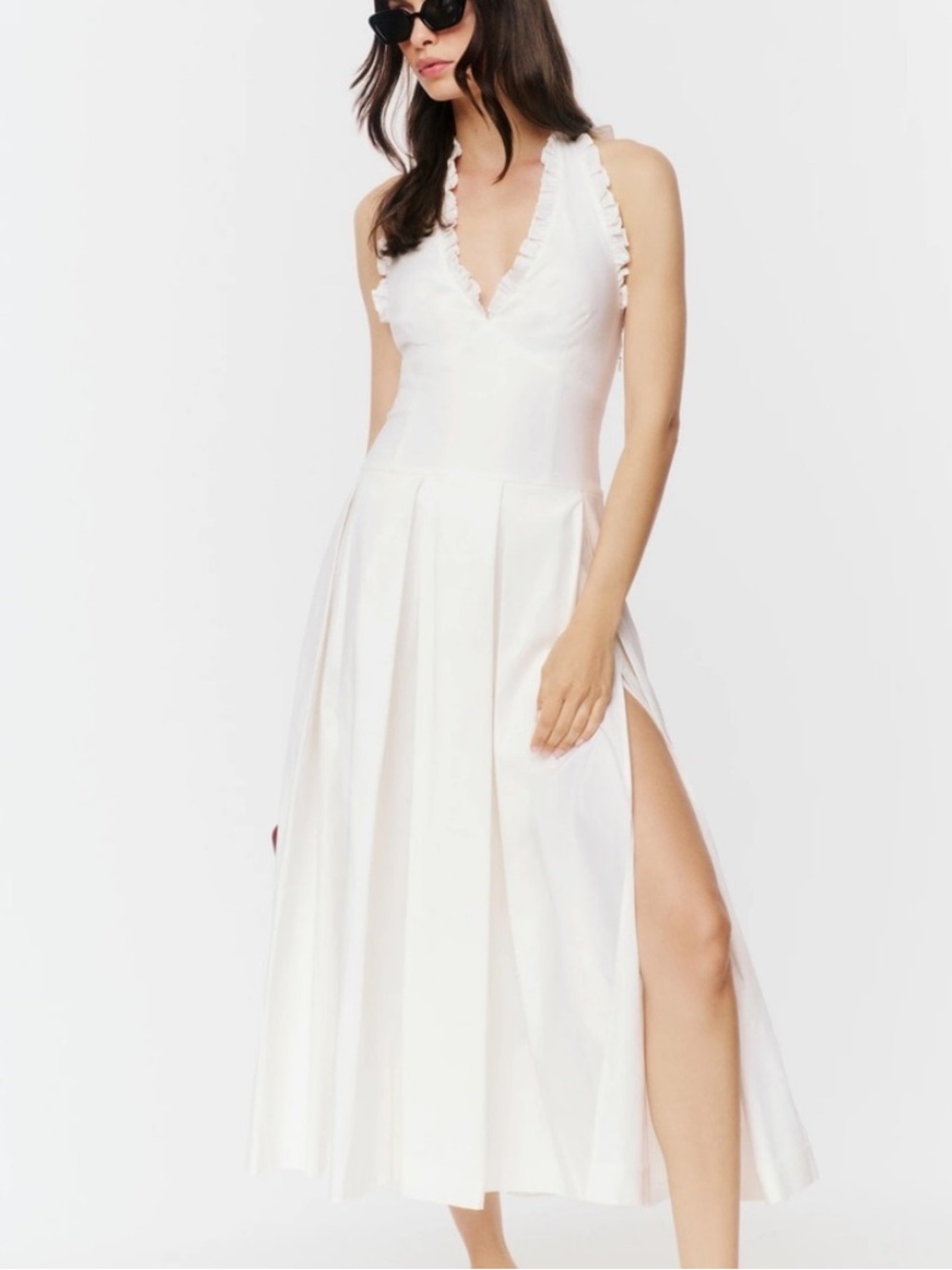 Reformation White Backless Ruffled Halter Midi Dress